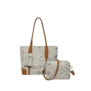 Ensemble de sacs 3 pièces beige pour femme avec bordures marron et motifs lettrés