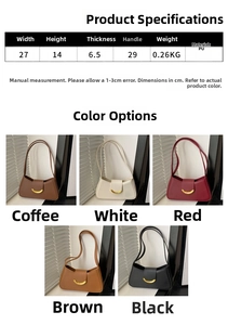 Detailed size chart for minimalist PU leather underarm bag showing dimensions and colors
