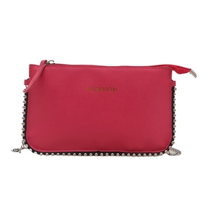 Rose red crossbody chain bag with golden FASHION print and silver rivet studs