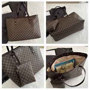 Detailed views of brown tote set with letter print and matching inner pouch