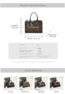 Détail du sac cabas en PU imprimé léopard avec texte FASHION BAG et nœud décoratif