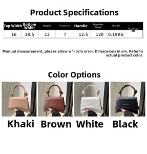 Size chart showing PU leather small square bag dimensions and four available colors