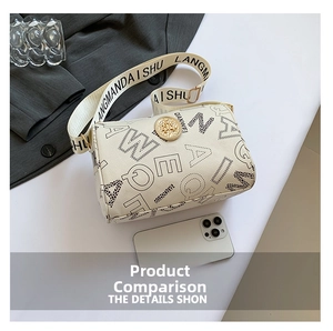 Detail view of large capacity crossbody bag with alphabet prints and leopard accents
