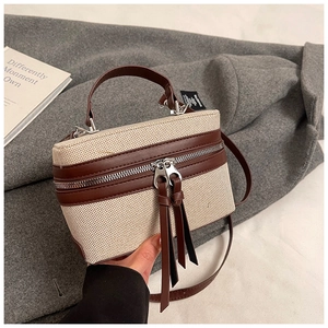 Detail of vintage contrast canvas and leather box bag with dual zipper pullers