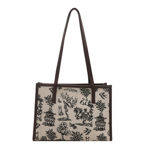 New Chinese style canvas tote bag with embroidery mountain bird pattern and leather strap