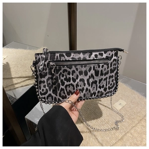 Detail of grey leopard print crossbody bag with silver studs and metal chain strap