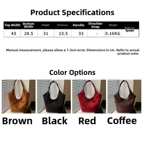 Size chart showing large tote bag dimensions and brown, black, red, coffee colors