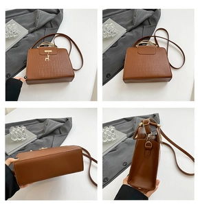 Detailed four-angle view of brown croc-effect handbag with gold deer charm and metal handle