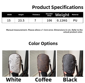 Size guide for PU crossbody phone bag with trendy letter print in white, brown and black
