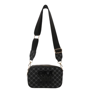 Retro grey monogram camera crossbody bag with wide shoulder strap and SM logo