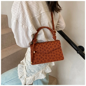 Brown crossbody bag with red clover pattern and gold hardware on female model