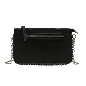 Minimalist black leather crossbody bag with silver stud accents and chain strap