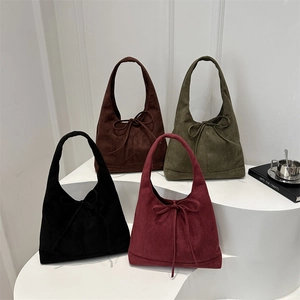 Retro matte large capacity tote bag with bow detail in black brown green and red colors