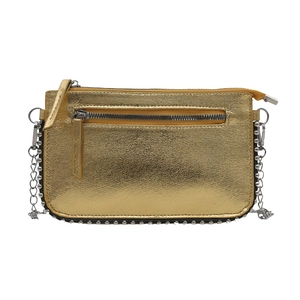 Chic gold metallic crossbody bag with silver studs and chain strap on white backdrop