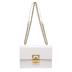 White leather square crossbody bag with gold chain strap and geometric metal lock detail