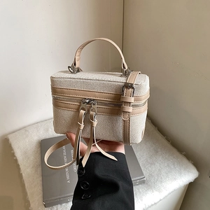 Retro contrast stitching beige canvas box handbag with leather handles and shoulder strap