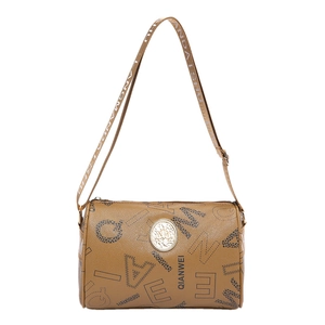 Brown cylinder crossbody bag with letter print and adjustable wide shoulder strap
