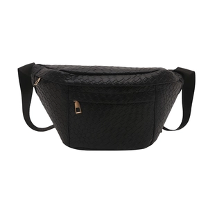 Retro black woven leather fanny pack with gold zipper and adjustable crossbody strap