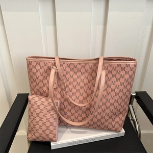 Pink tote bag set with black M letter print and matching pouch for stylish daily commute