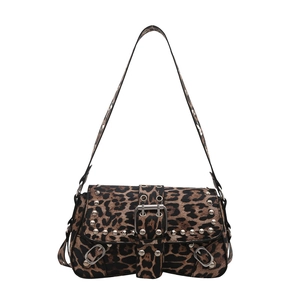 Chic leopard print crossbody bag with silver buckle and punk style metal eyelets