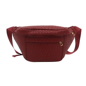 Dark red woven texture fanny pack made of premium PU leather with golden metal zipper