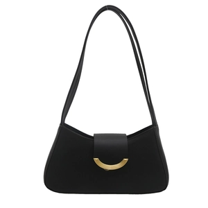 Minimalist black faux leather underarm shoulder bag with golden crescent buckle
