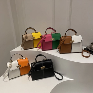 Minimalist color-block Kelly style handbag in high-quality PU leather with metal lock