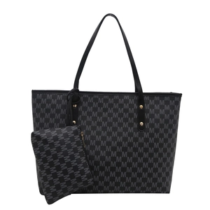 Black tote bag with M-pattern print and matching clutch set in durable faux leather