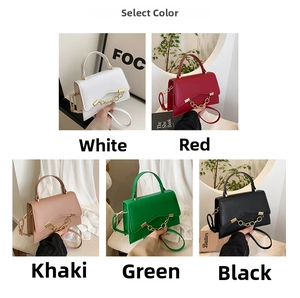 Detailed collage of minimalist box bags in five colors with bold decorative gold chains