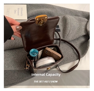 Detail view of the brown glossy handbag interior capacity with daily essentials