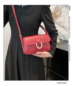 Detail of red baguette bag with golden horse-bit buckle on black dress