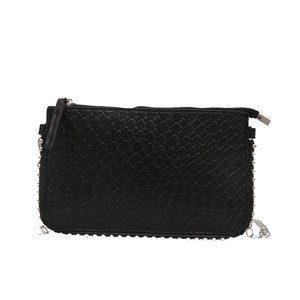 Fashionable black textured chain crossbody bag with silver rivet details and zipper
