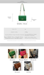 Size chart and specifications for the V-quilted PU leather chain crossbody square bag