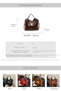 Detailed dimension guide and color options for the vintage PU leather tote handbag