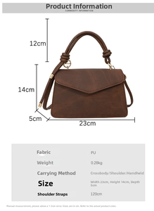 Detailed size chart for retro PU leather crossbody bag showing dimensions and handle height