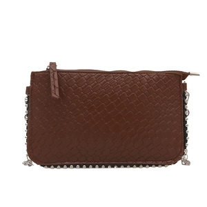 Brown woven texture crossbody bag with silver rivet studs and elegant metal chain strap