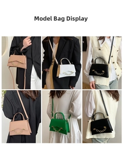 Detailed views of models wearing solid color crossbody bags with gold chain decoration