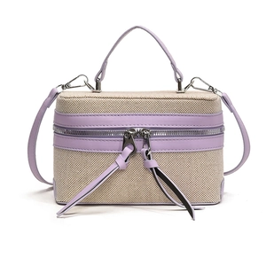Sac boîte vintage en toile avec bordure en cuir lavande et poignée supérieure