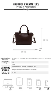 Size chart for vintage PU leather tote showing dimensions for shoulder and crossbody use