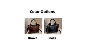 Detail view of stylish leather bucket bags in brown and black with golden hardware
