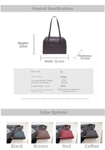 Detailed size specifications and color variants of the large PU leather shoulder bag
