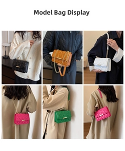 Lattice quilted crossbody bags shown in black, brown, white, pink and green colors