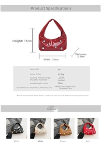 Tableau des tailles et spécifications détaillées pour le sac à main clouté en cuir PU