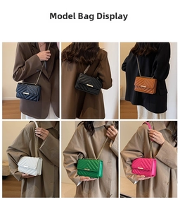 Multiple model views showing quilted chain strap crossbody bags in six vibrant colors
