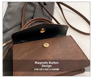 Close-up of magnetic snap closure on brown textured leather crossbody square bag