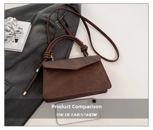 Detail view of retro brown crossbody bag with size comparison to a smartphone