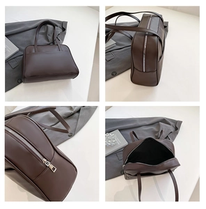 Detail shots of brown PU leather tote bag with zipper hardware and interior space