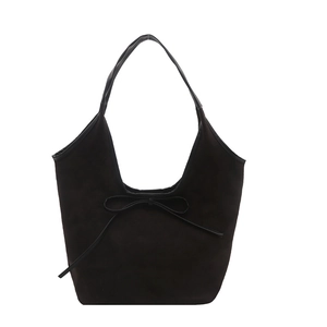Sac hobo vintage noir français avec nœud papillon et texture en daim mat pour femmes