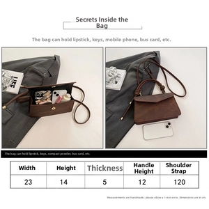 Detailed size guide for vintage crossbody bag showing dimensions and interior capacity