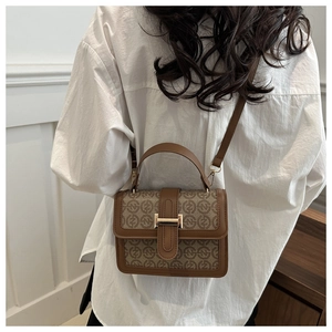 Model view showing the vintage brown geometric print crossbody bag with golden H buckle